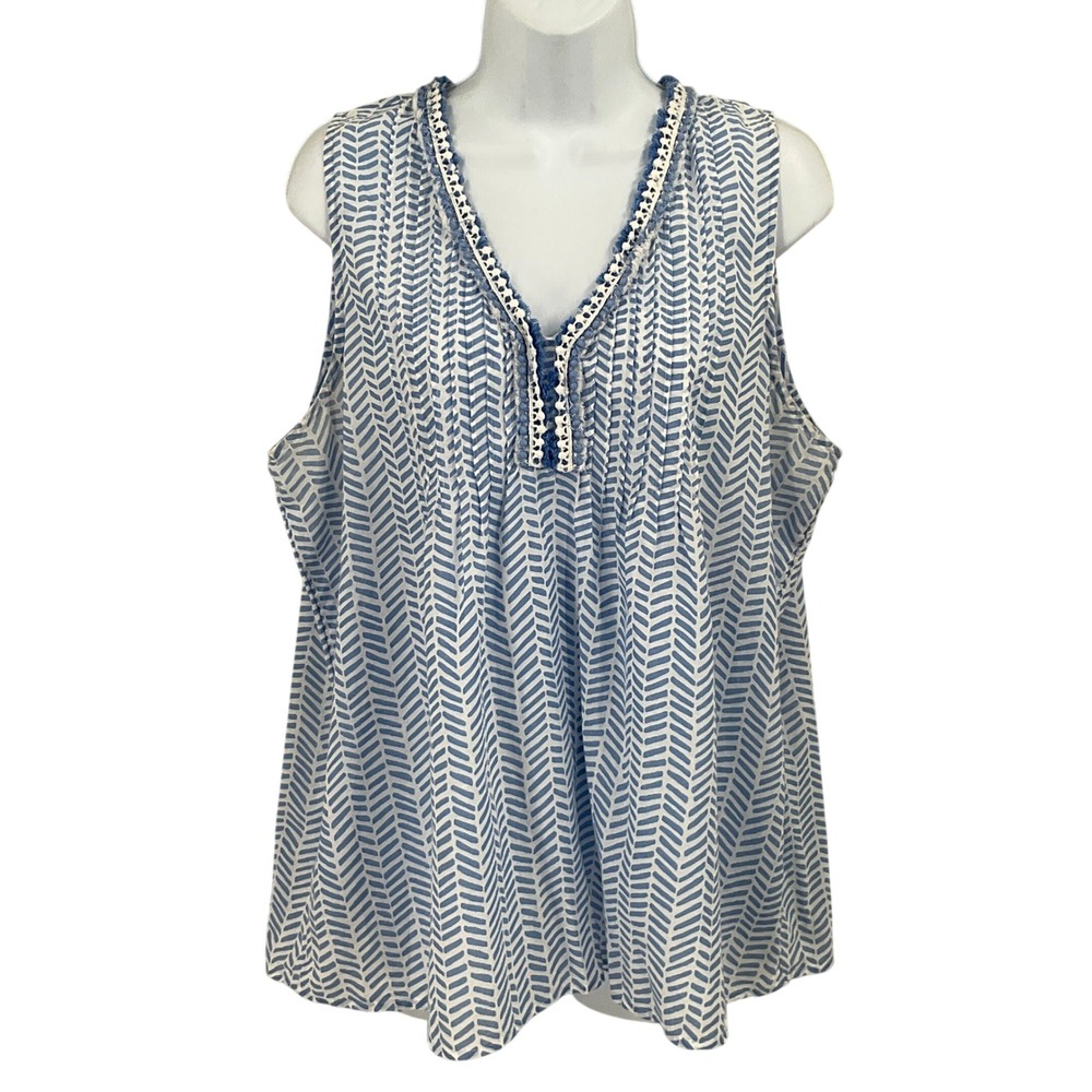 Vineyard Vines Top Women Large Blue White Cotton Chevron Crochet Coastal Preppy